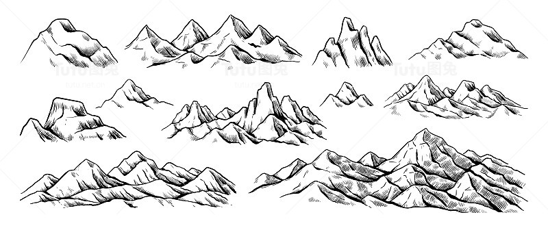洛基山脉草图。手绘自然景观版画。徒步旅行和爬山顶的背景。风景秀丽的悬崖和山峰全景。高原风光。矢量轮廓岩脊设置