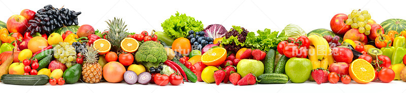 宽水平无缝的图案从有用的蔬菜和水果孤立在白色