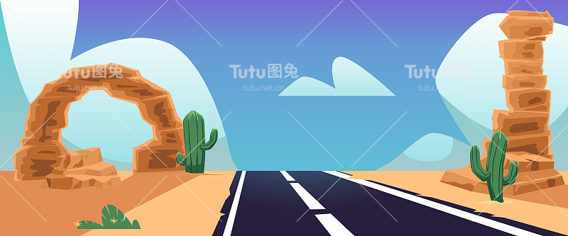 高速公路上空旷的沙质沙漠景观，平面矢量插图。