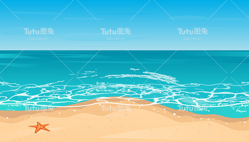 热带蓝色海洋和沙滩矢量背景。假期和暑假矢量背景。