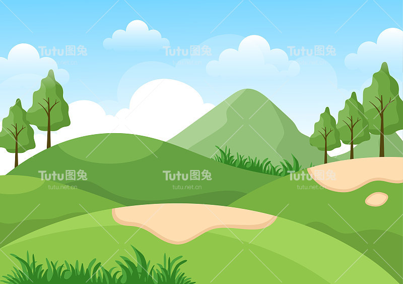 打高尔夫运动旗帜，沙地，沙坑和设备在户外庭院绿色植物在平面卡通背景插图