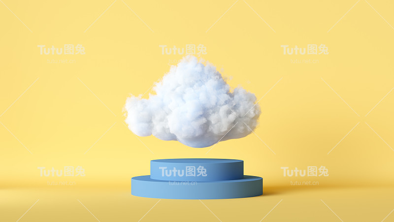 3d渲染，白色蓬松的云悬浮在蓝色讲台上的台阶，孤立在黄色的背景上。独一无二的，独一无二的概念现代的最小的场景。抽象的比喻
