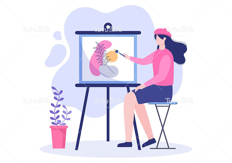 画平面插图与某人谁画使用画架，画布，画笔和水彩海报或工作坊设计