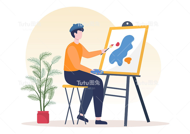 画平面插图与某人谁画使用画架，画布，画笔和水彩海报或工作坊设计
