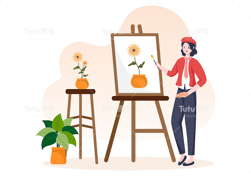 画平面插图与某人谁画使用画架，画布，画笔和水彩海报或工作坊设计