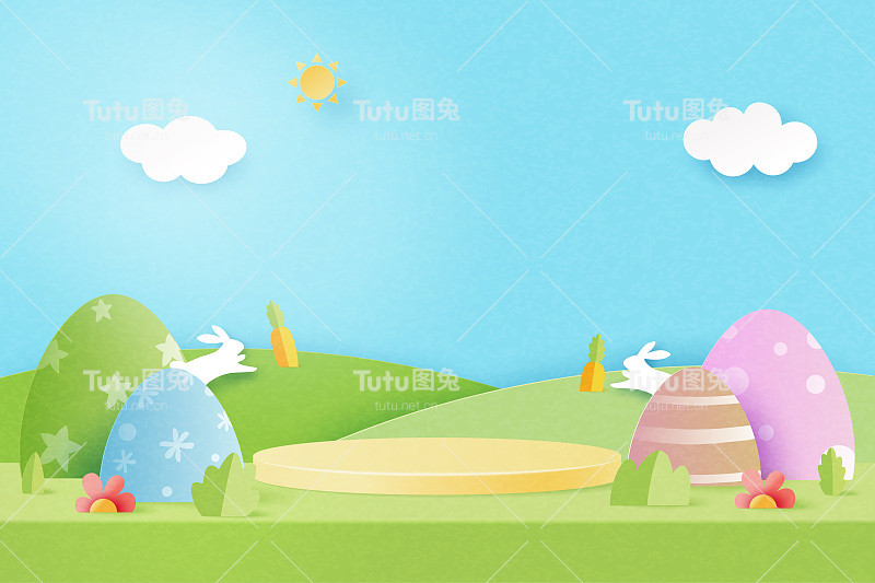 复活节快乐背景。纸艺产品展示平台样板、横幅模板设计。矢量插图。