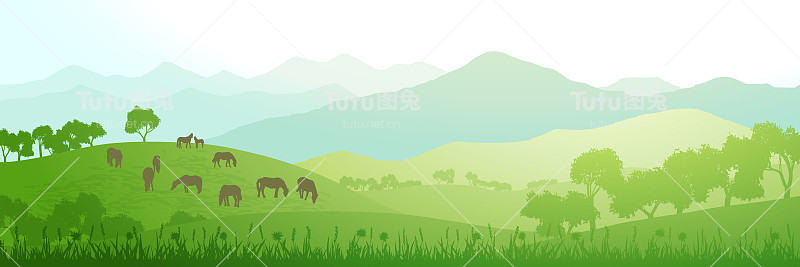 在阳光明媚的早晨，绿色的山丘和山脉的全景，马匹在草地上吃草
