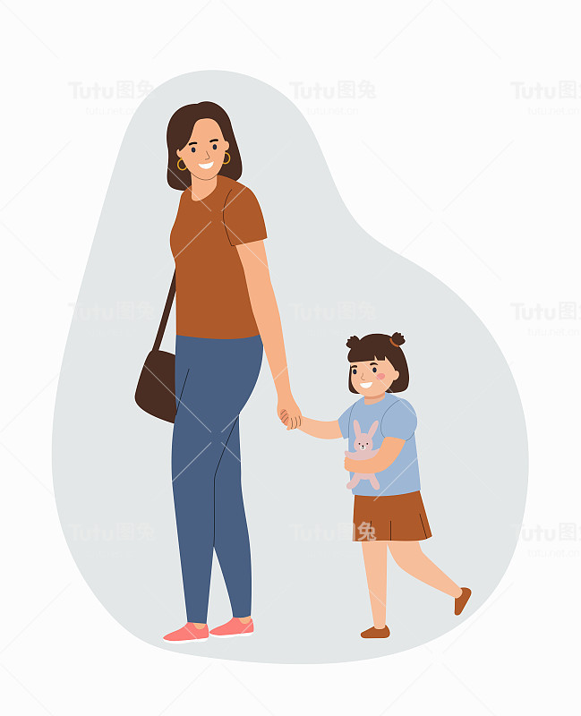 妈妈牵着女儿的手。孤立的矢量卡通平面风格插图