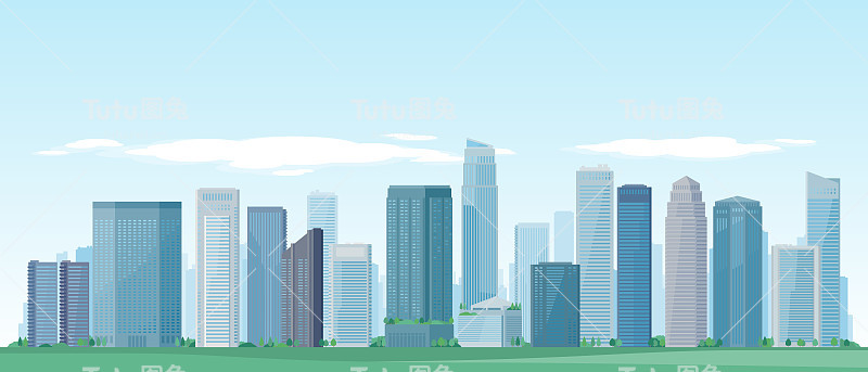 绿色城市景观的矢量插图，如建筑物，现代市中心摩天大楼，公园和树木。