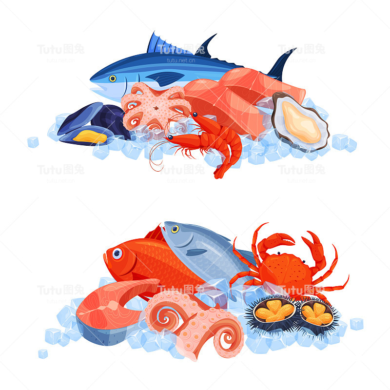 海鲜集鱼、章鱼、虾、海胆、蟹、触须、鲑鱼、牡蛎、扁vector贻贝