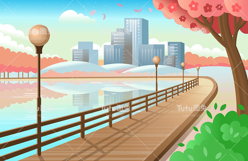 春城公园附近有沿河公路和城市建筑物、路灯。河边的栏杆。