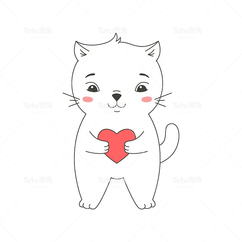 小猫可爱的捧着一颗心，矢量插图。有趣的小猫在涂鸦风格的印刷和设计。孤立的元素在白色背景。情人节贺卡，快乐性格宠物