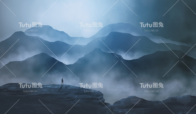 人的轮廓站在山景与雾和忧郁的天空。纹理暗数字绘画，3D渲染