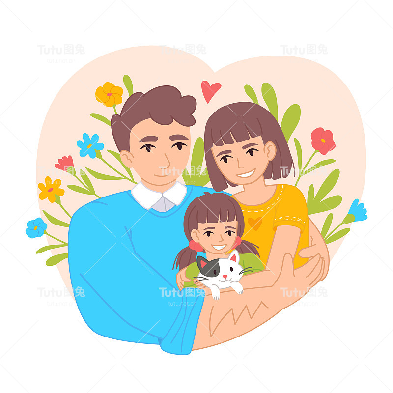 快乐家庭拥抱理念。父亲，母亲，女儿和猫。乌克兰人的心花背景。矢量插图在平面卡通风格孤立在白色。蓝黄颜色