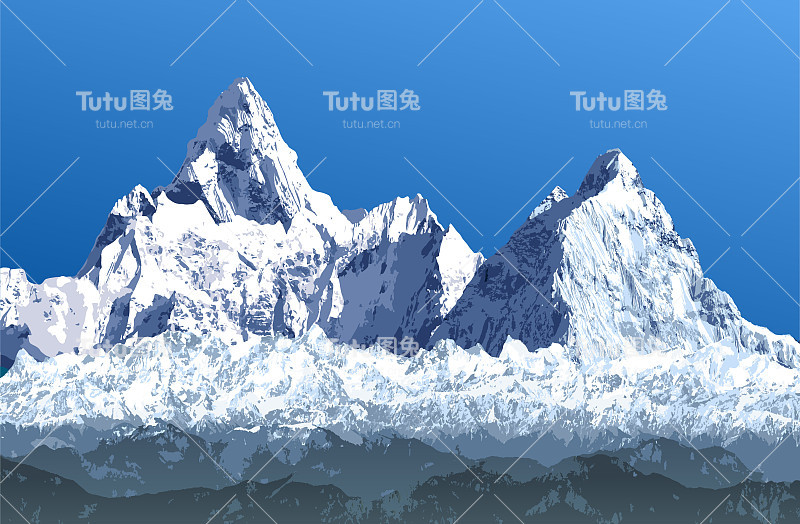 大喜马拉雅山脉，喜马拉雅山脉矢量插图，雪山白色和蓝色的山