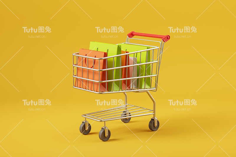 购物车里的包裹背景明亮，包裹投递
