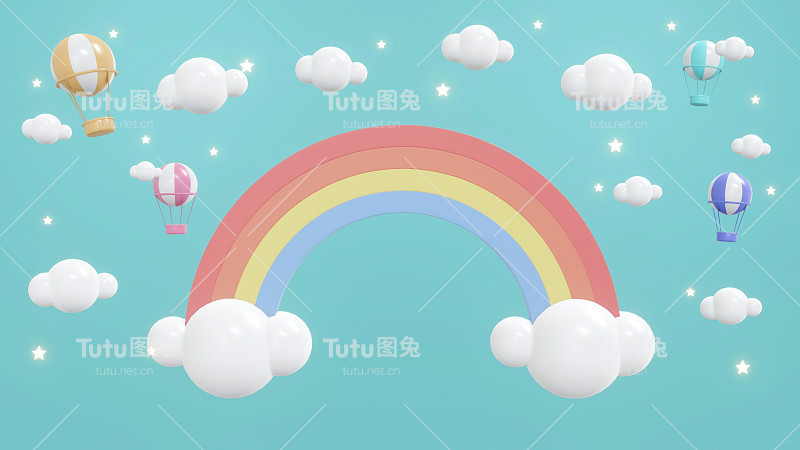 蓝色天空背景上的热气球彩虹的3D渲染概念。3 d渲染插图。