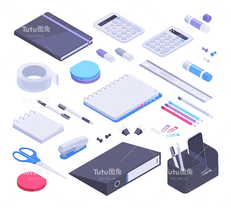 等距学校书桌文具，3d办公工具，笔记本，剪刀和铅笔。文具物品，钢笔，订书机和胶水粘矢量符号插图集。学校及办公用品