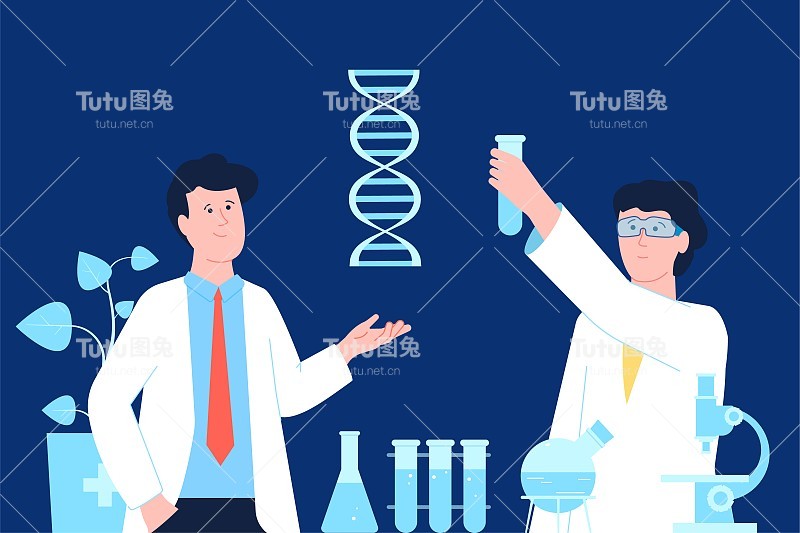 Dna科学家在医学实验室工作。生物工程研究，青年男女生物技术学生。最近的矢量遗传搜索概念