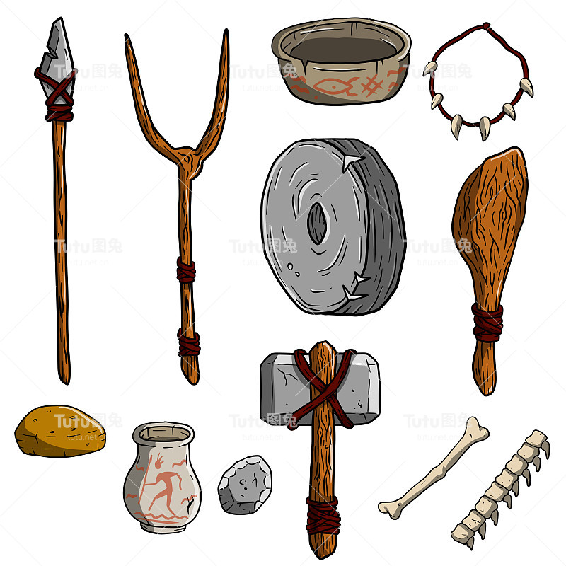 原始人和猎人的一套物品。穴居人的武器。石器时代的锤子、斧头和棍棒。生活方式和工具。卡通插图