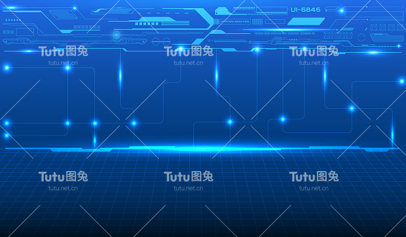 摘要蓝色HUD UI数字系统用辉光水平线复制空间上网格透视景观地板向量。