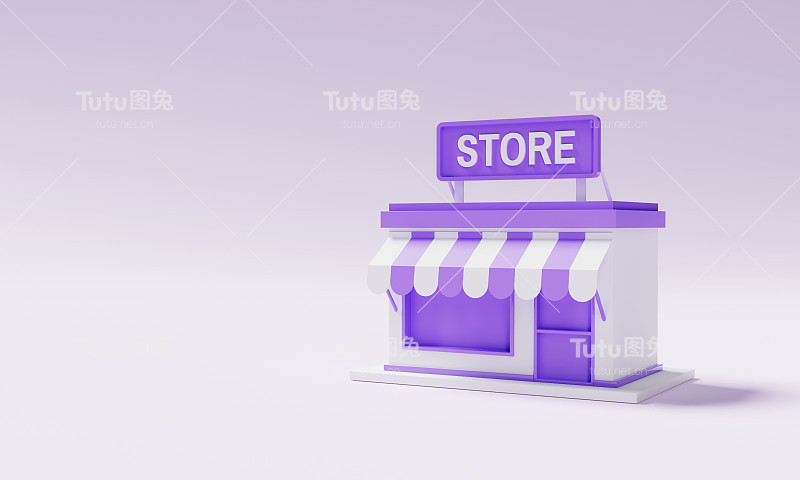 紫色背景上的最小店面模型。企业家和创业企业家的概念。3 d演示呈现