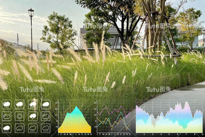 以明亮的日落、黄昏天空和优美的户外公园环境为背景，用图形和图表表示气象预报符号数据。