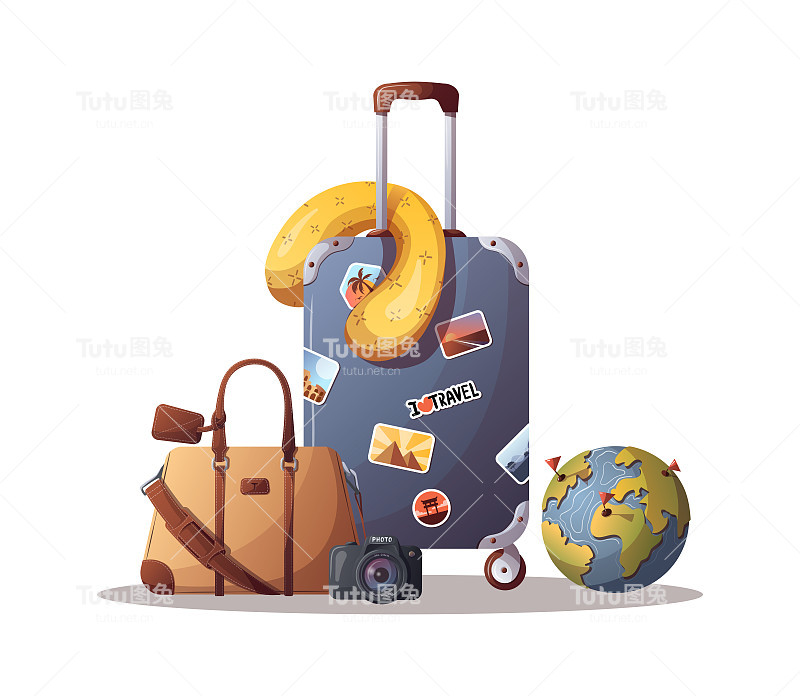 旅行箱，旅行枕头，旅行袋，相机和地球仪。