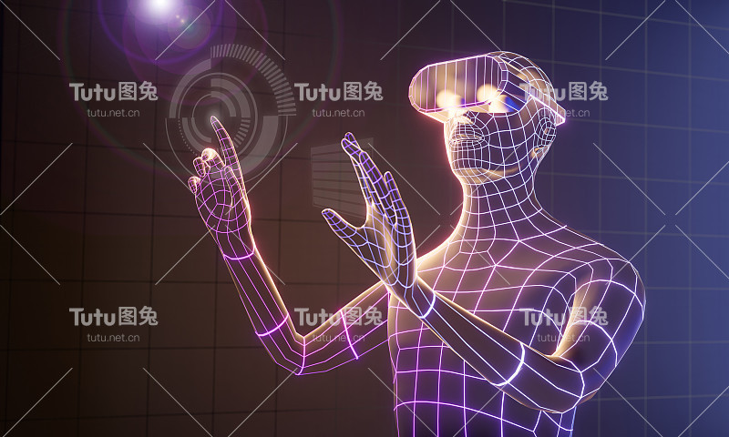 3D线框虚拟人戴上VR头戴抬起手并指向。3 d演示呈现