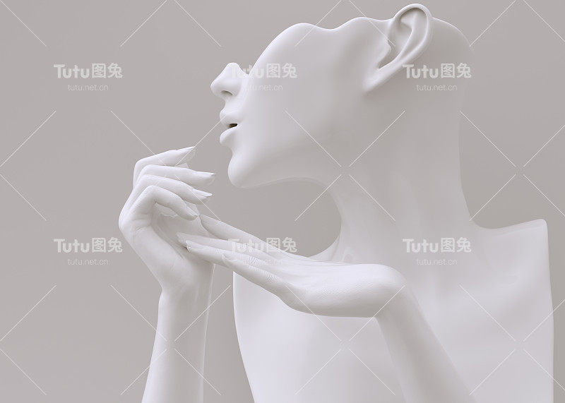 人体艺术雕塑和抽象优雅的手势白色手绘3d渲染背景