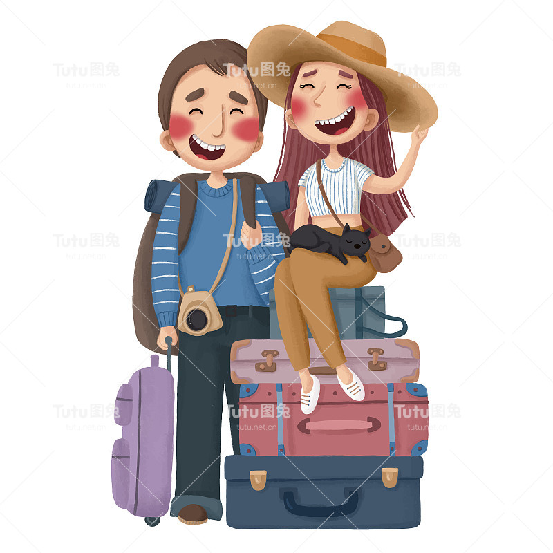可爱的卡通图片，一个男孩和一个女孩要去旅行，带着很多箱子和一只猫