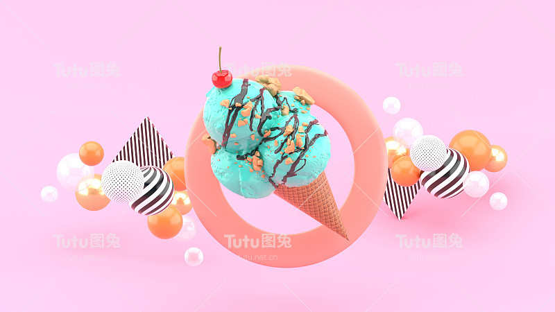 粉色背景上的彩色球围绕着一个圆形的冰淇淋蛋卷。3 d渲染。“n