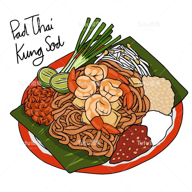 泰式Kung Sod(泰式虾仁炒面)矢量插图