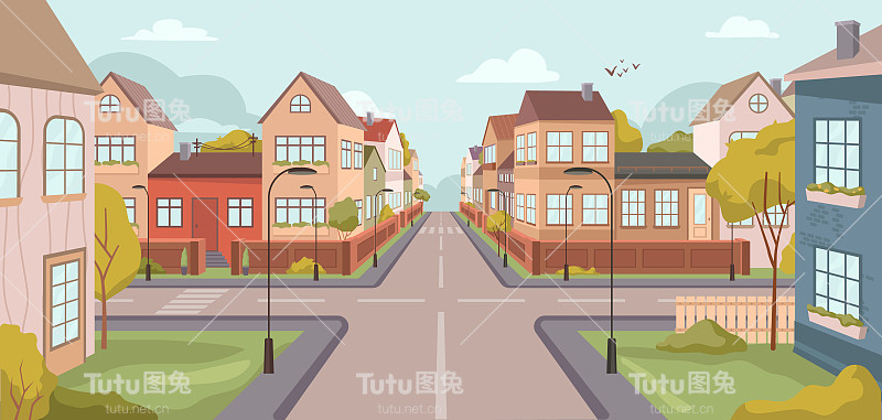 小城镇或乡村街道，郊区有十字路口和成排的住宅和居住建筑。房地产和房地产在城市出售。平面样式的矢量