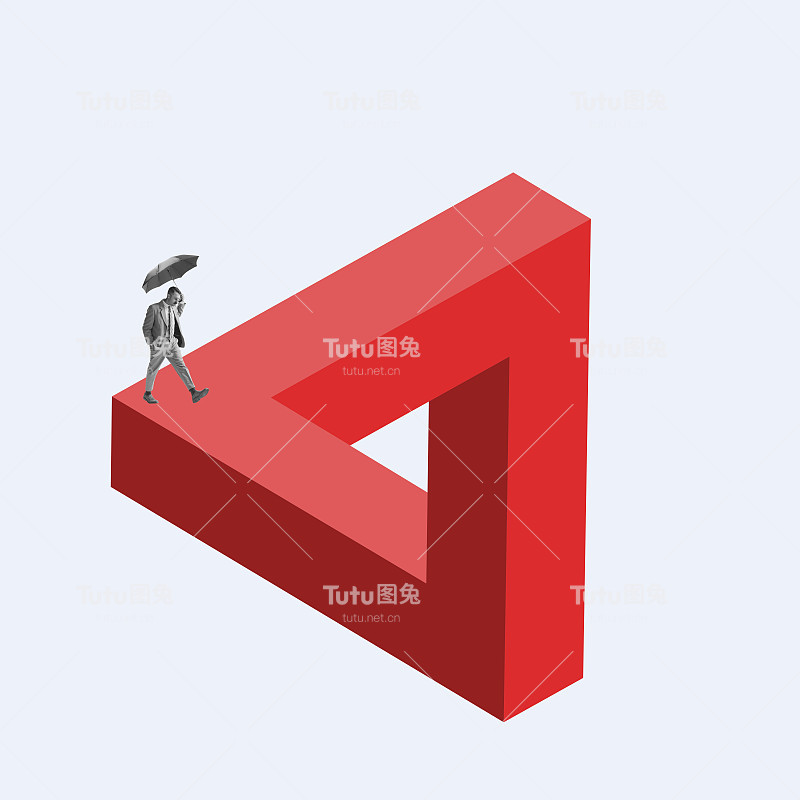 年轻人，办公室职员撑着伞走在红色光学错觉迷宫上。当代艺术拼贴。灵感、情绪、创意、心理健康概念