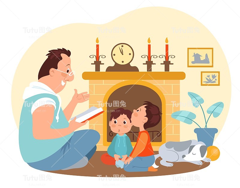 父亲和孩子的时间。卡通爸爸给孩子们读书。家庭娱乐。父母与儿子在一起。兄弟听童话。家庭娱乐。房间有壁炉。向量的概念