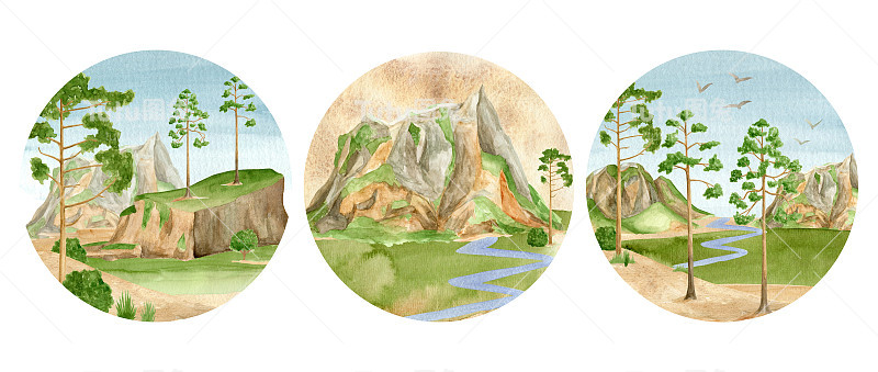 套水彩夏天景观圆插图。手绘绿色的山谷、山脉、河流和松树在白色背景上孤立成圆形。夏天自然成分。