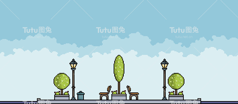 8位游戏的像素公园，有树，花坛，长凳，罐子和垃圾城市景观背景