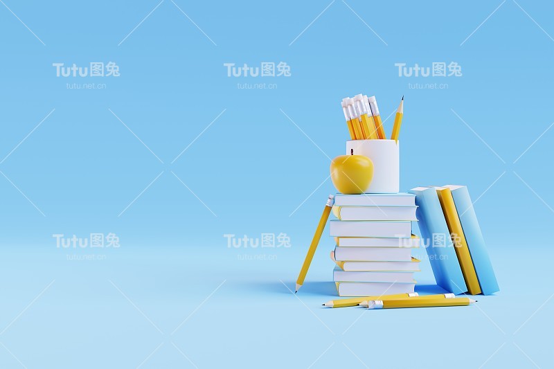 书籍和用品的堆叠。回到学校概念。三维渲染