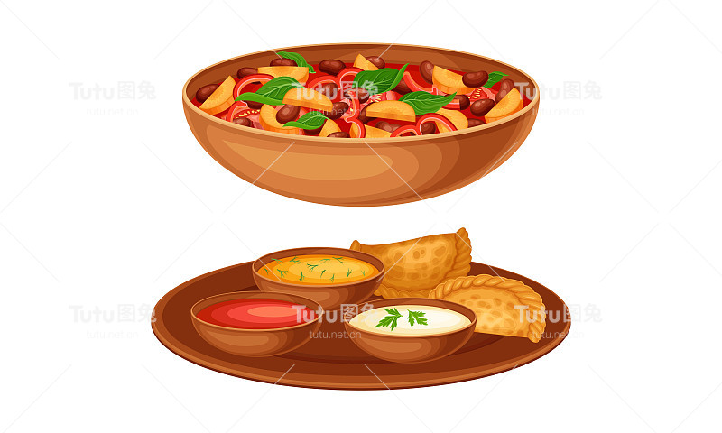 美味的传统亚洲菜菜套。炖蔬菜和豆类矢量插图