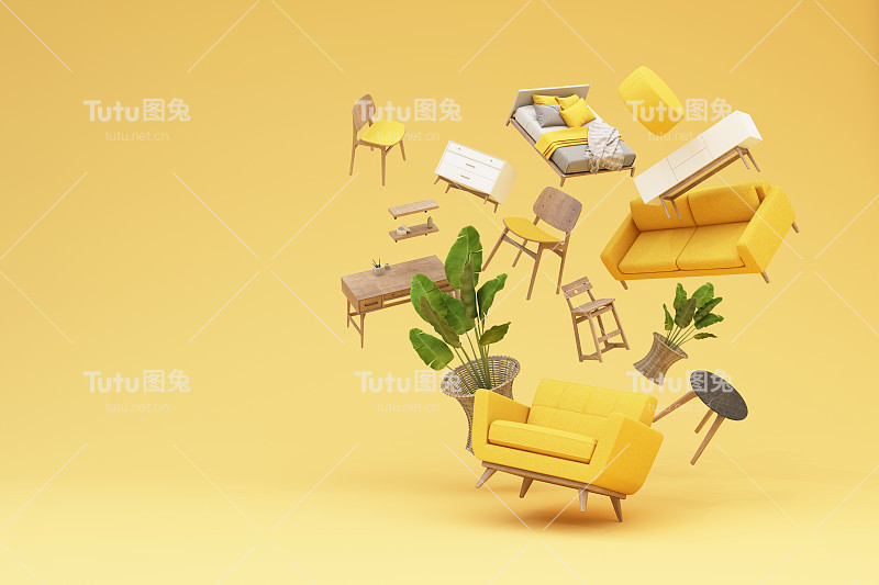 在促销和折扣期间，周围是床、沙发、扶手椅和广告位的横幅。柔和的背景。三维渲染