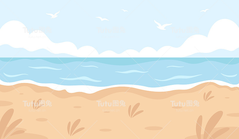 沙滩的风景。你好，暑假，暑假。海洋海岸。手绘矢量插图