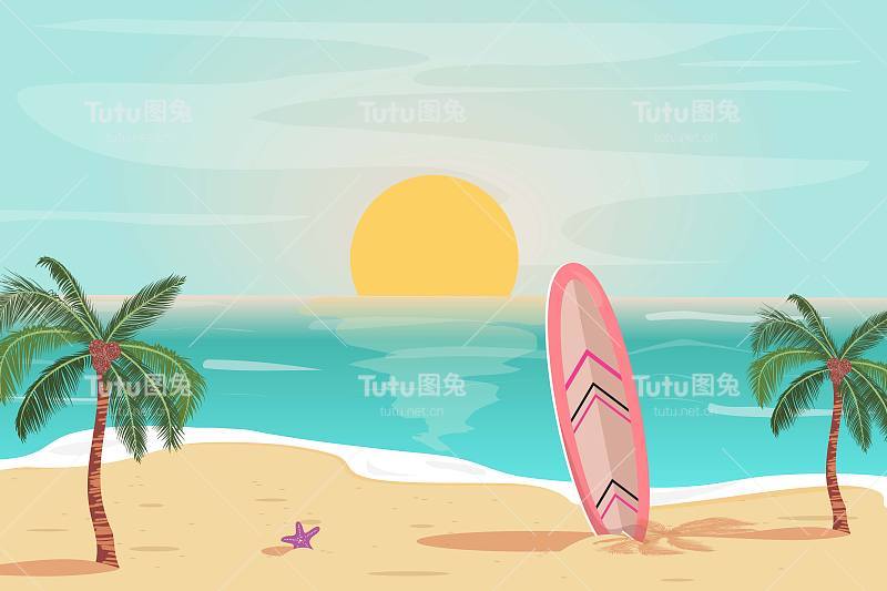 夏季热带日落日出为卡片，横幅，背景。旅行、度假概念插画。