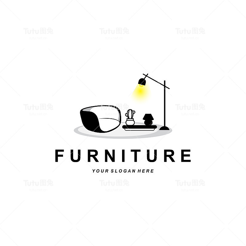 家具、家居设计、房间图标插图、桌、椅、灯、架、钟、花盆