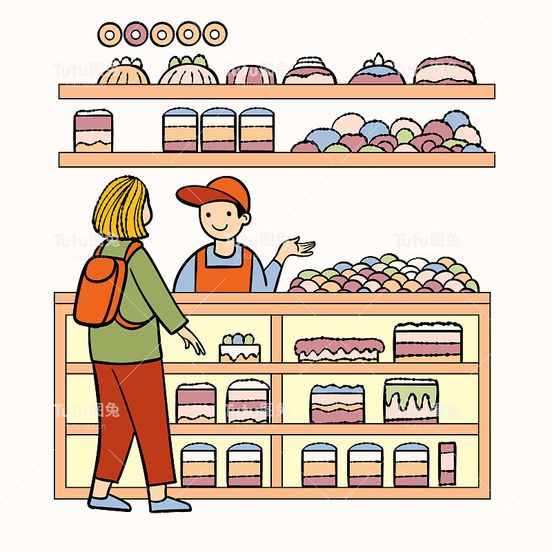 一个女孩在一家糕点店买蛋糕。