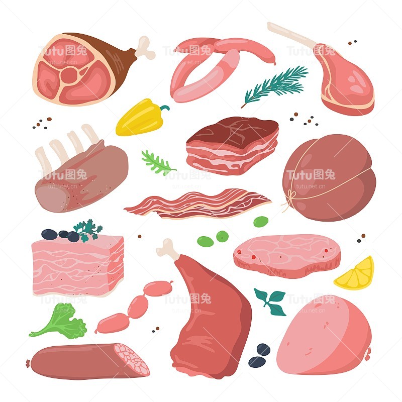 杂货。用香草和蔬菜制成的肉制品。矢量图