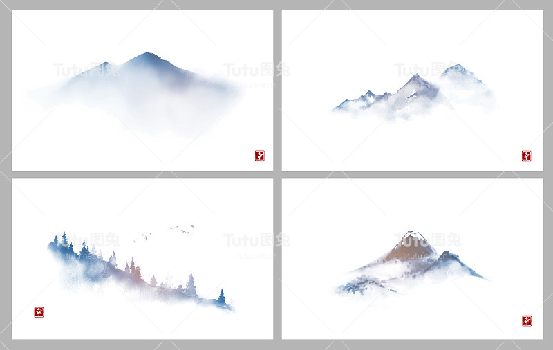 一套以日本传统水墨画sumi-e风格手绘的蓝山。象形文字——幸福