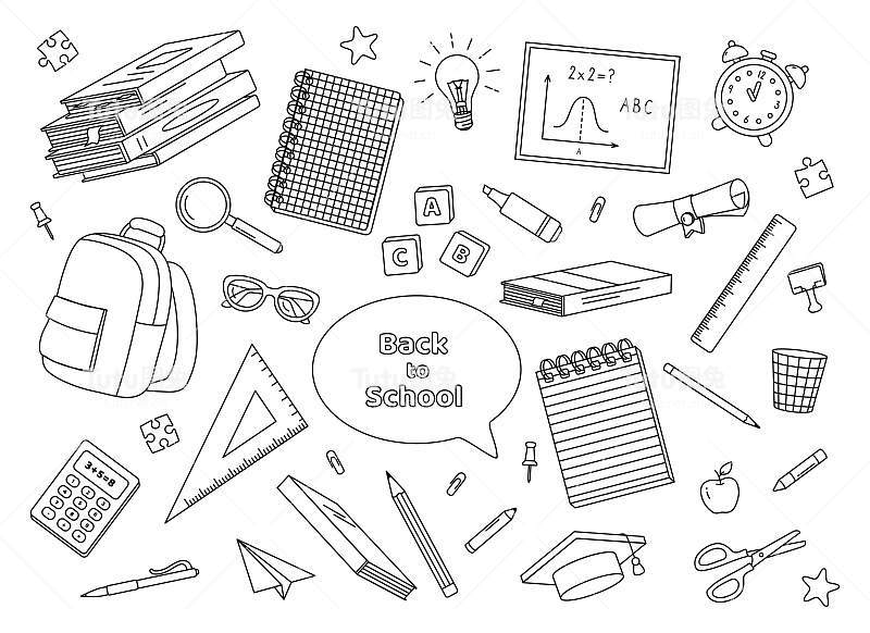 学校用品元素。黑白轮廓设计。矢量图