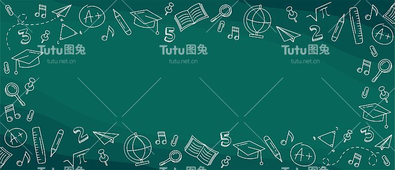 回到学校。抽象的黑板上。绿色黑板与手绘粉笔学校用品。