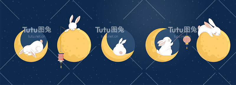 中秋节概念设计与可爱的兔子，兔子和月亮插图。中国人、人、亚洲人庆祝中秋节